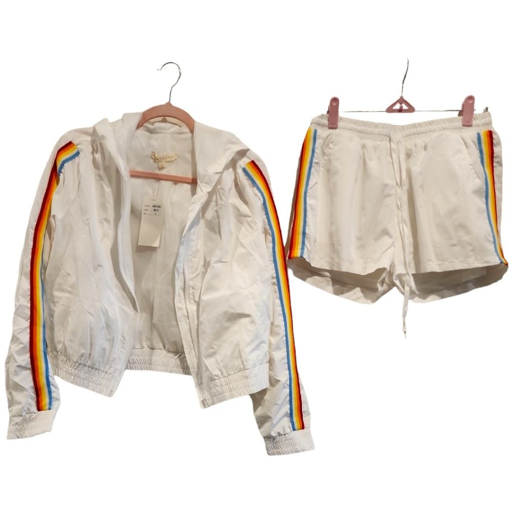 White and Rainbow Shorts & Zip-Up Track Set